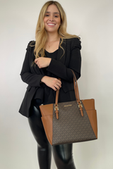 Charlotte saffiano leather large top zip tote cafe MK