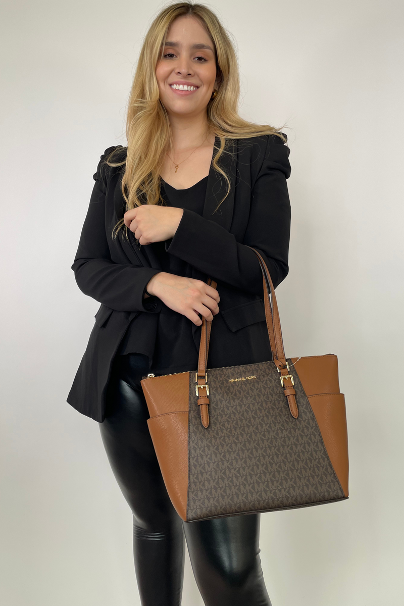 Charlotte saffiano leather large top zip tote cafe MK